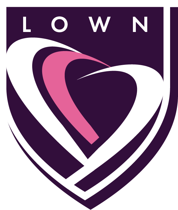 A purple shield with a pink heart and the word lown on it