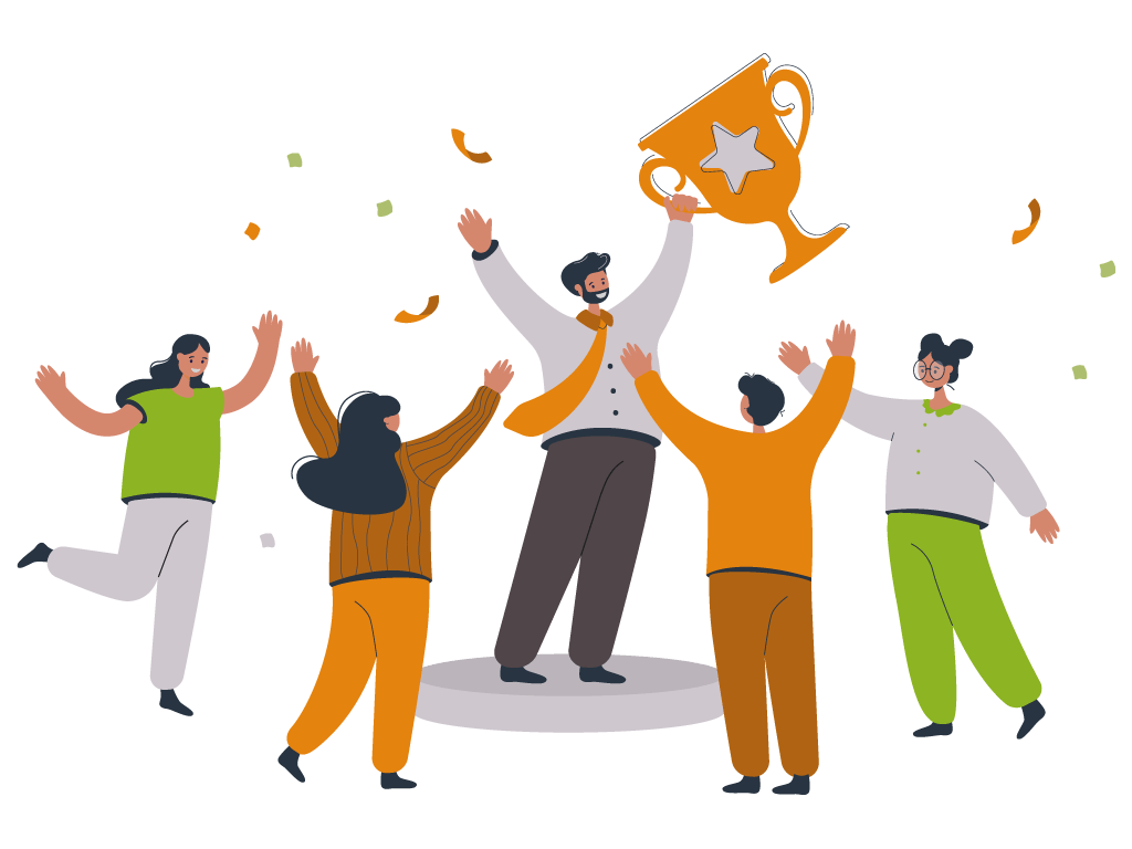 A group of people are standing around a man holding a trophy.