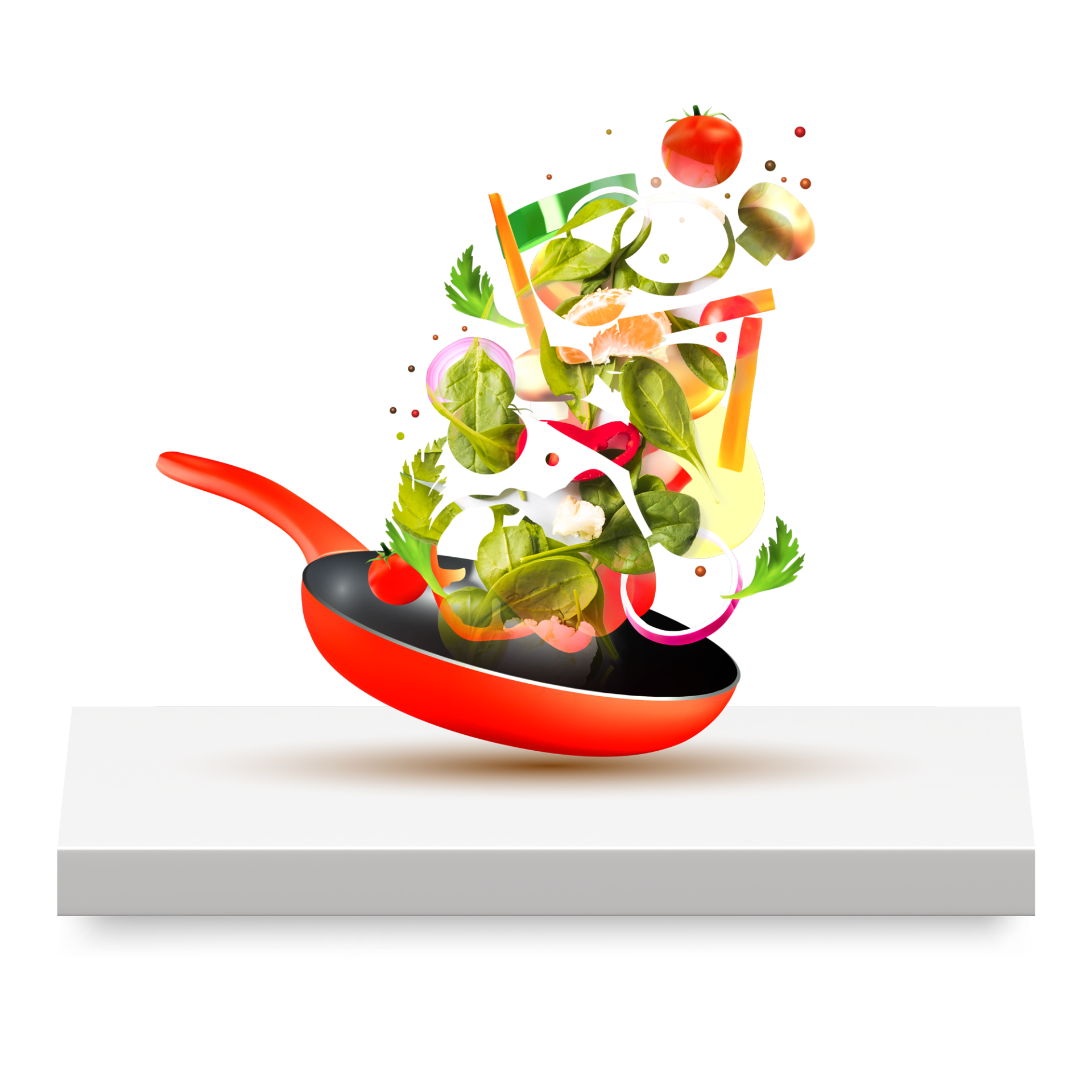 Vegetables are flying out of a frying pan on a cutting board.