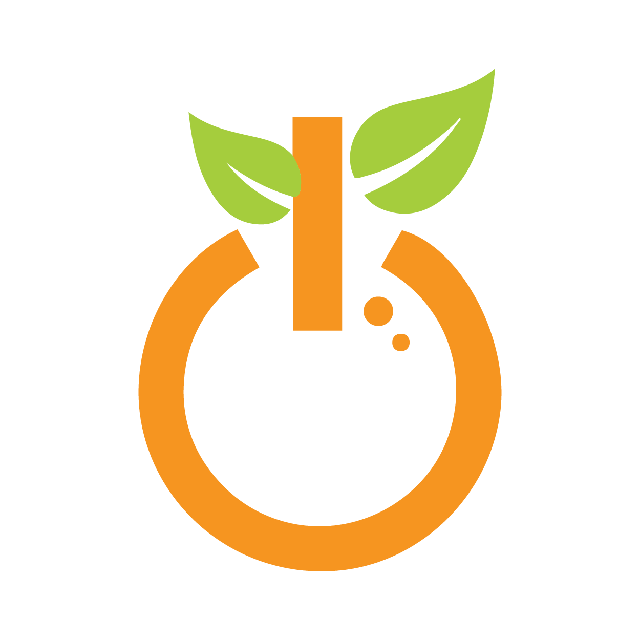 Orange circular fruit icon with green leaves and a small orange stem, suggesting fresh produce or eco-friendly branding