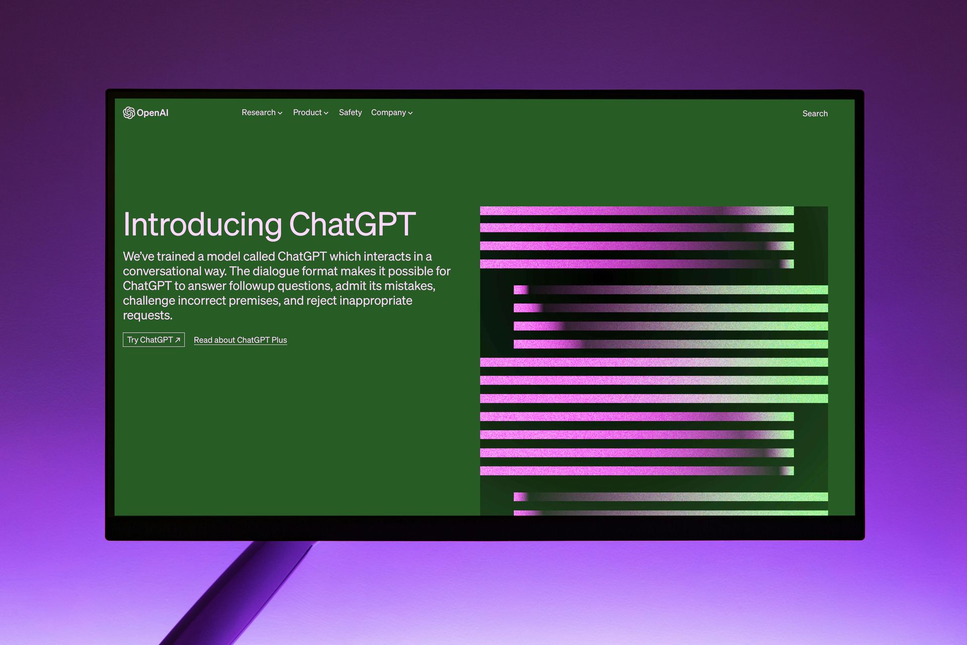 A computer monitor with a green screen and a purple background.