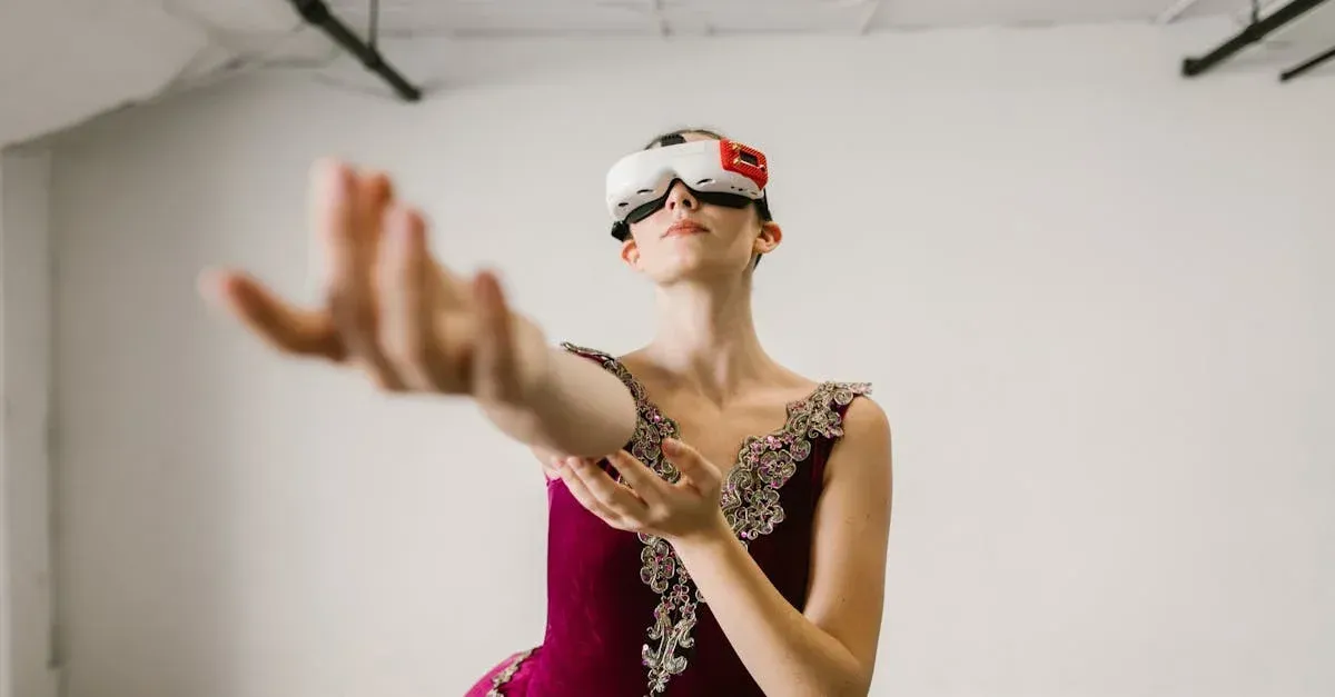 A woman in a red dress is wearing a virtual reality headset.