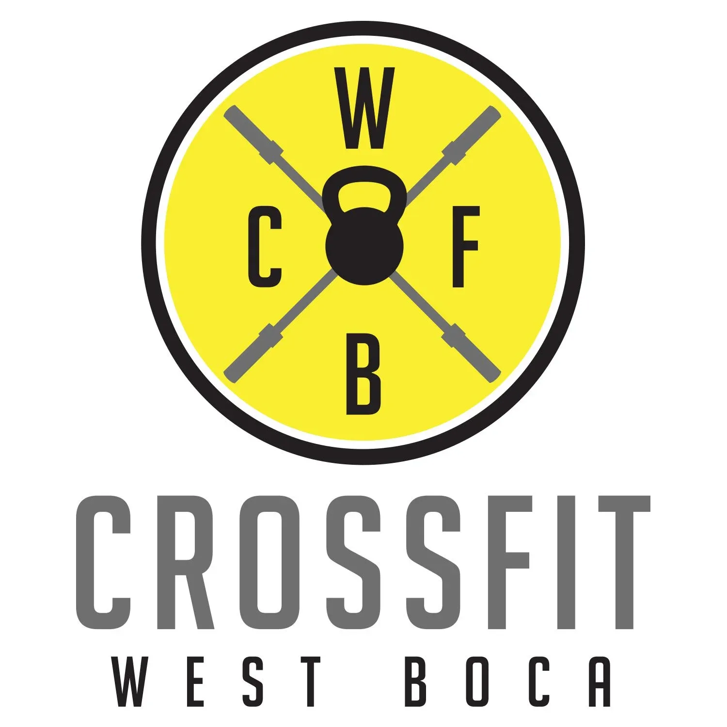 CrossFit West Boca logo with yellow circular weight plate and gray text