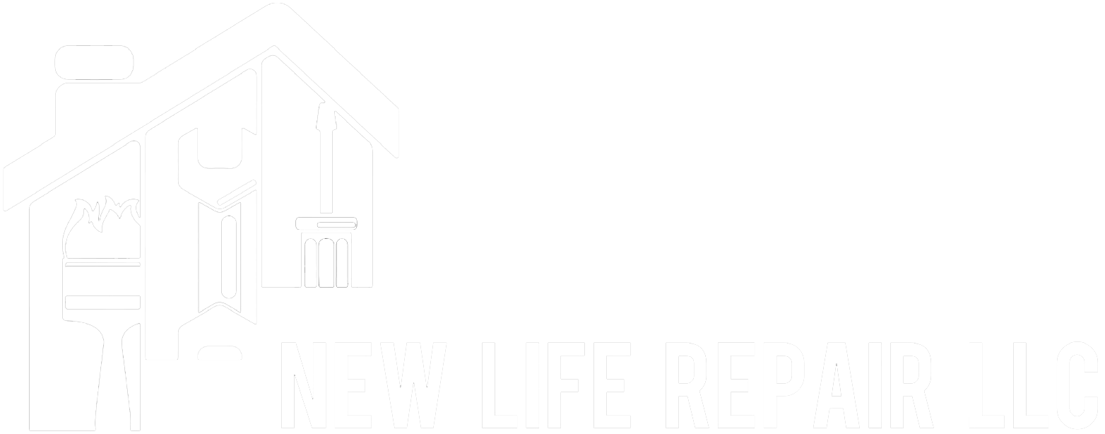 white new life repair llc logo with a house and tools