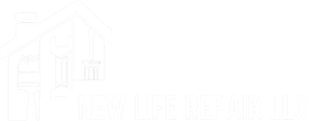 white new life repair llc logo with a house and tools