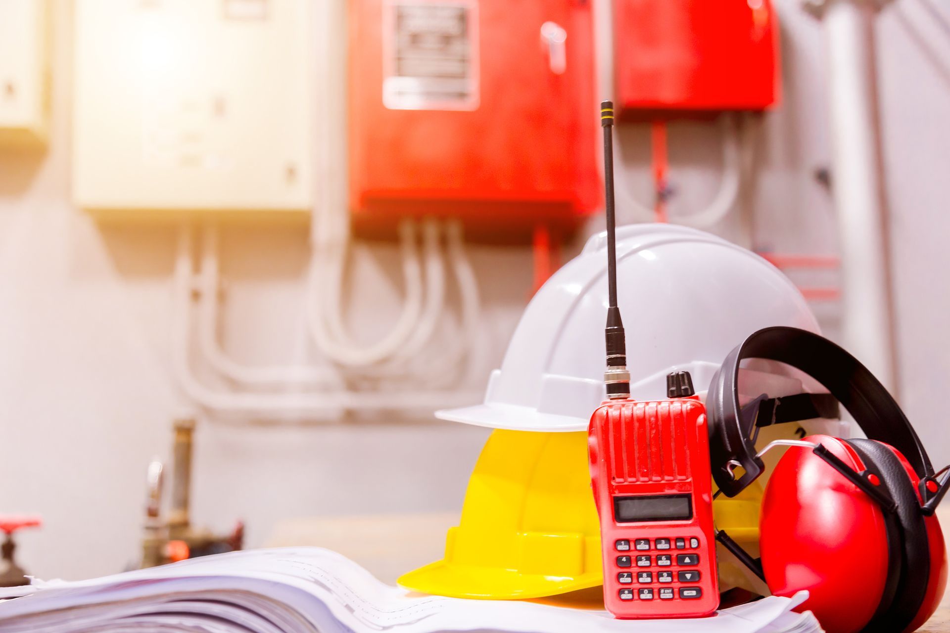 A hard hat , headphones , a walkie talkie and a book are on a table.