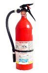A red fire extinguisher with a black hose on a white background.
