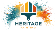 HERITAGE PAINTING logo with teal, orange, and gold brush-stroke house icon on white background