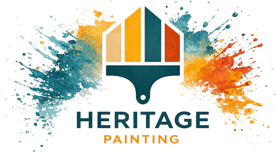 HERITAGE PAINTING logo with teal, orange, and gold brush-stroke house icon on white background