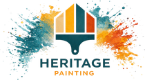 HERITAGE PAINTING logo with teal, orange, and gold brush-stroke house icon on white background