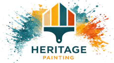 HERITAGE PAINTING logo with teal, orange, and gold brush-stroke house icon on white background
