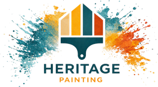 HERITAGE PAINTING logo with teal, orange, and gold brush-stroke house icon on white background
