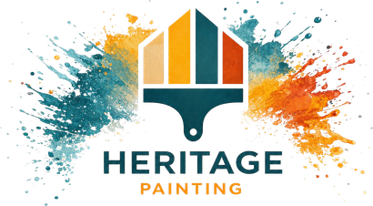 HERITAGE PAINTING logo with teal, orange, and gold brush-stroke house icon on white background