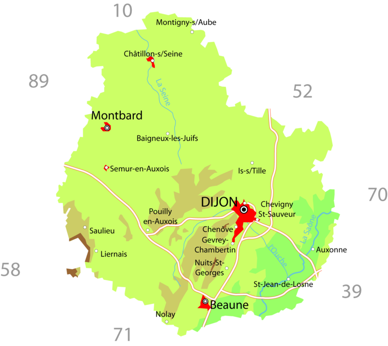 Une carte montrant l'emplacement de Montbard et Dijon