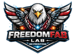 Eagle logo with red, white, and blue wings above “FREEDOMFAB LAB 3D PRINTING” text