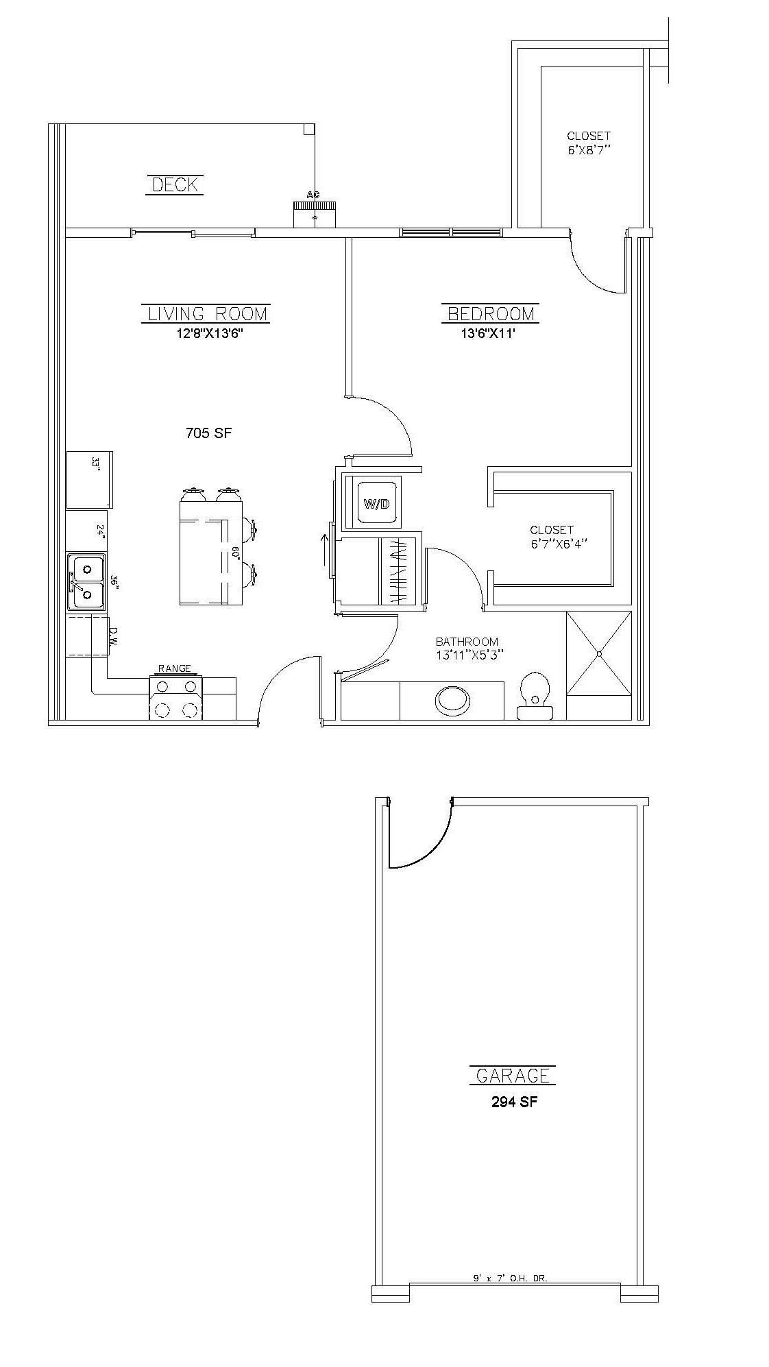 1 bed 1 bath black-and-white floor plan showing rooms, doors, and measurements.