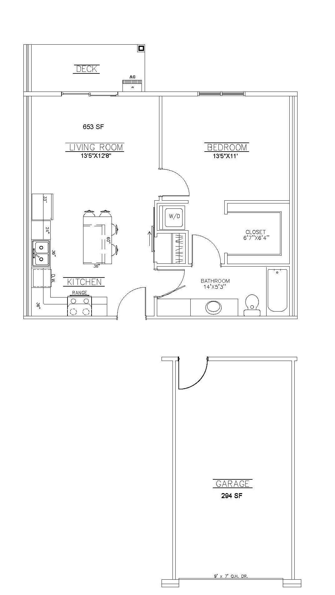 1 bed 1 bath black-and-white architectural floor plan with labeled rooms, doors, and a staircase.