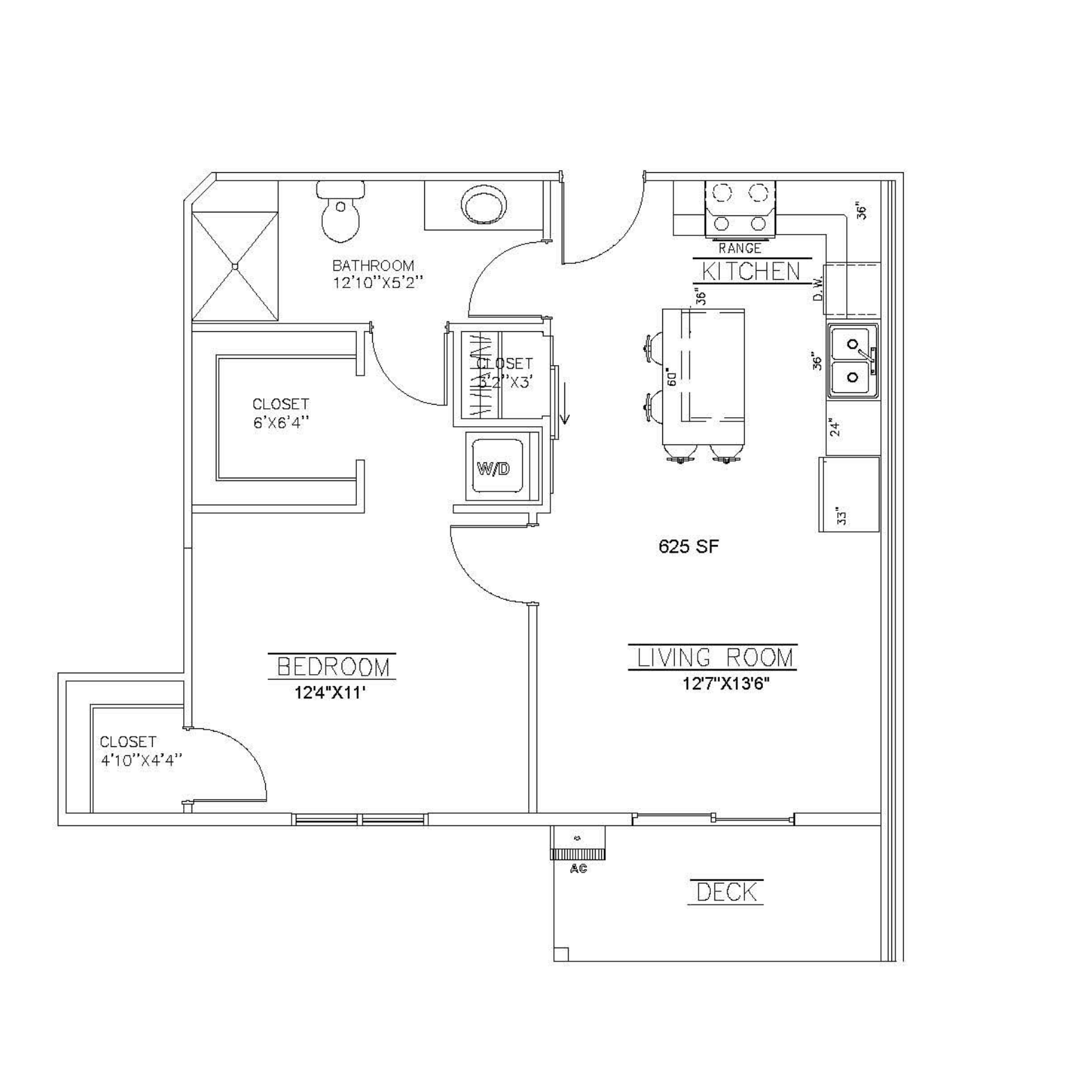 1 bed 1 bath Black-and-white floor plan of a small apartment with living room, bedroom, bathroom, and kitchen areas