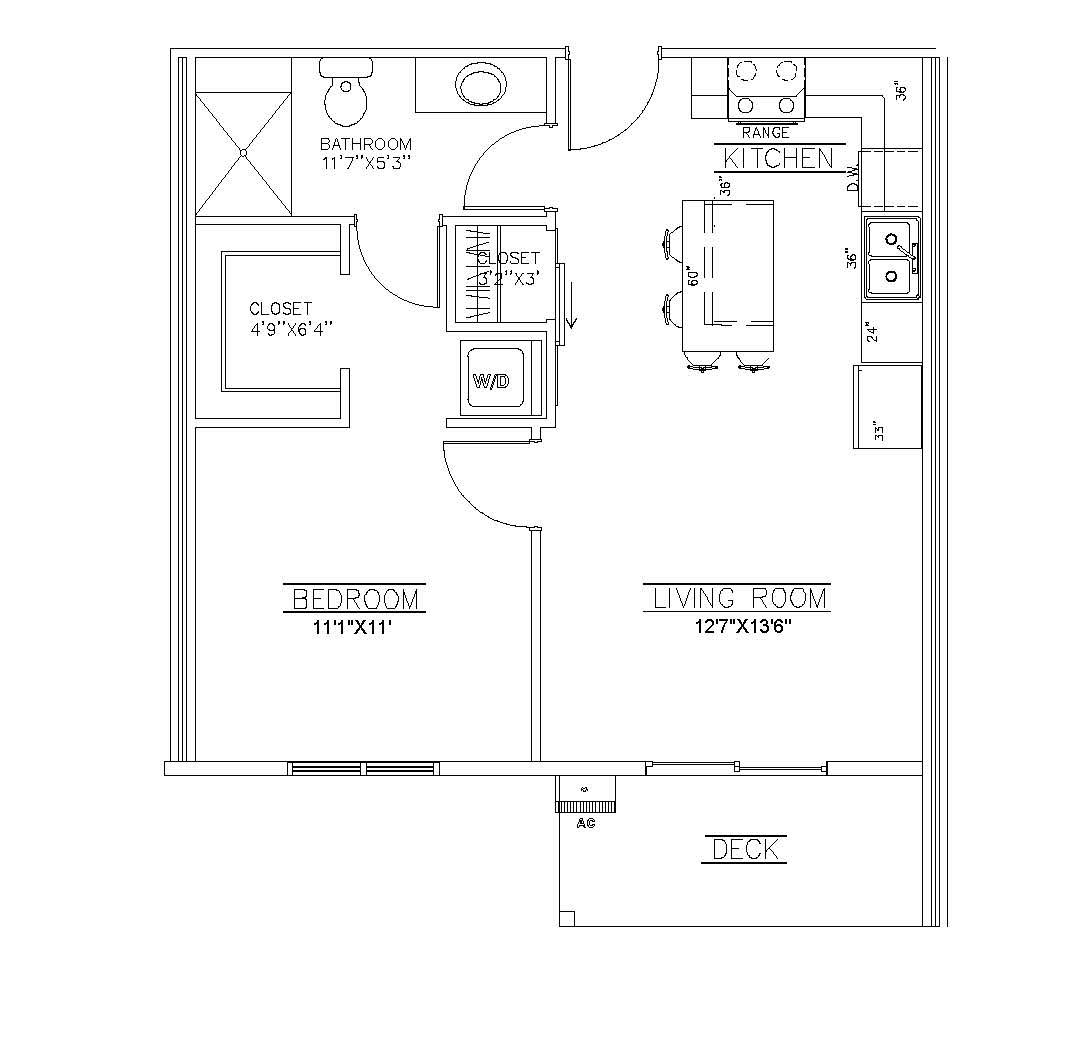 1 bed 1 bath Black-and-white apartment floor plan with labeled rooms, kitchen, bathroom, and living areas