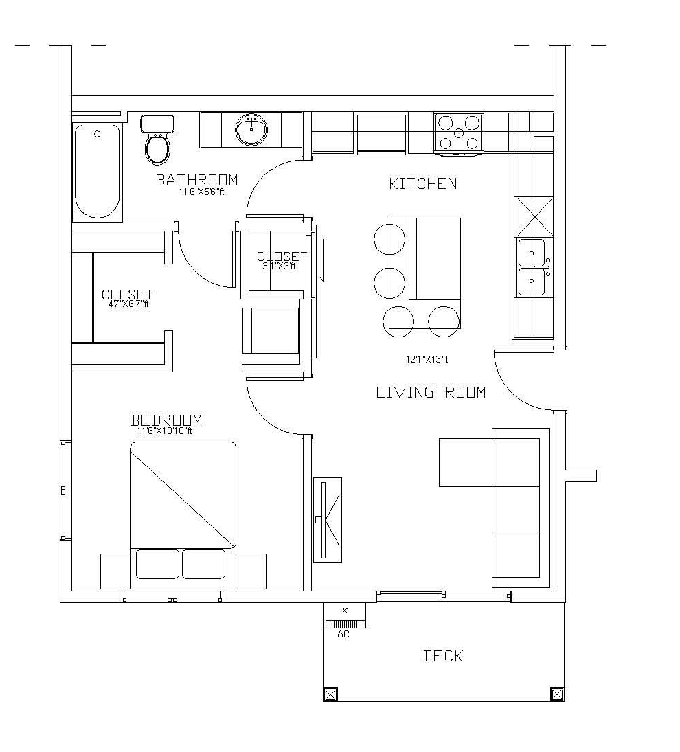 1 bed 1 bath Black-and-white architectural floor plan of a small apartment with labeled rooms and furniture layout