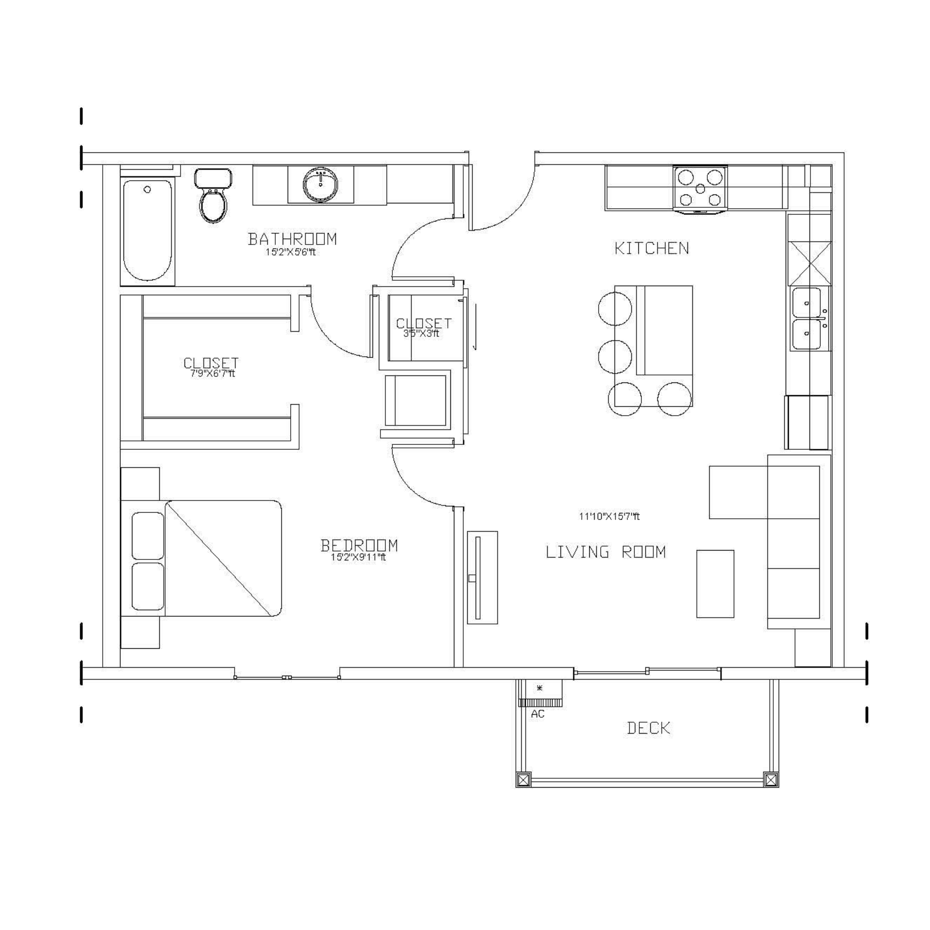 1 bed 1 bath Black-and-white apartment floor plan with kitchen, living area, bedroom, bath, and entry hallway