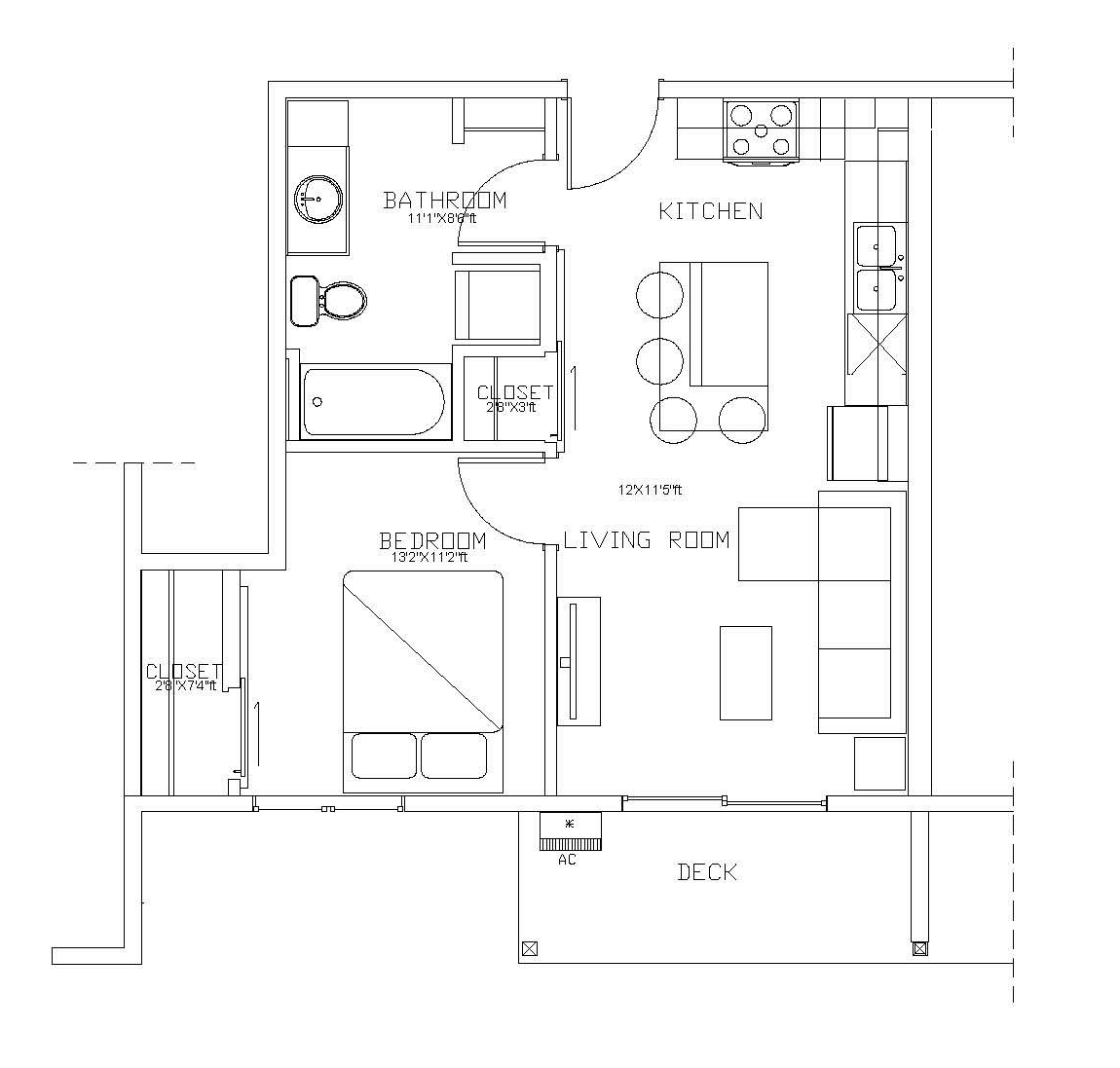 1 bed 1 bath Black-and-white apartment floor plan with labeled rooms, furniture, and doors.
