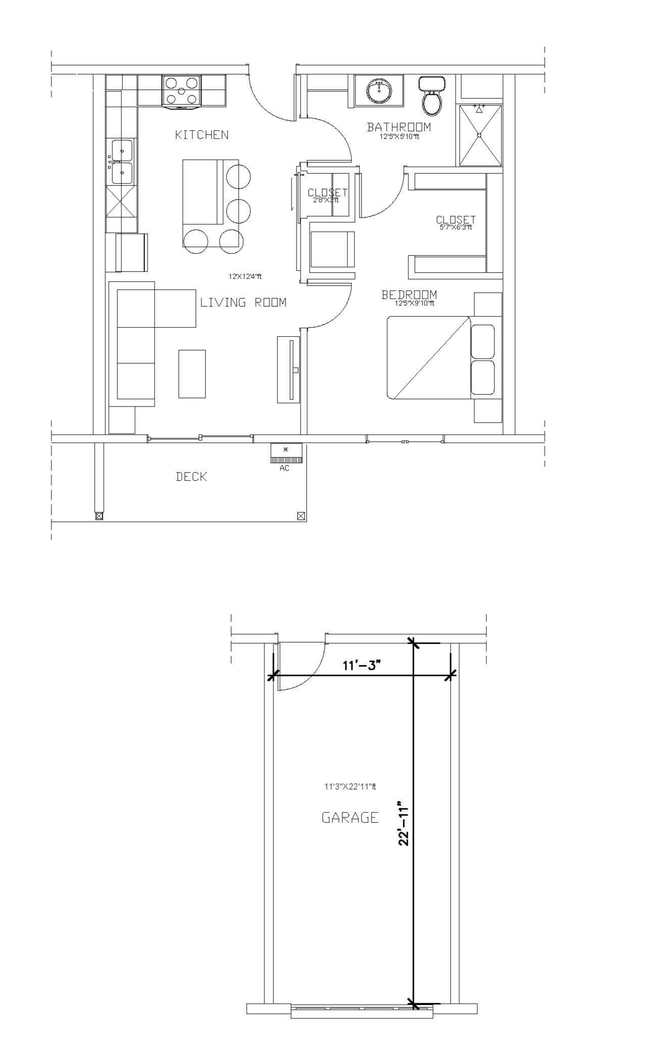 1 bed 1 bath black-and-white floor plan sketch with rooms, doors, and measurements.