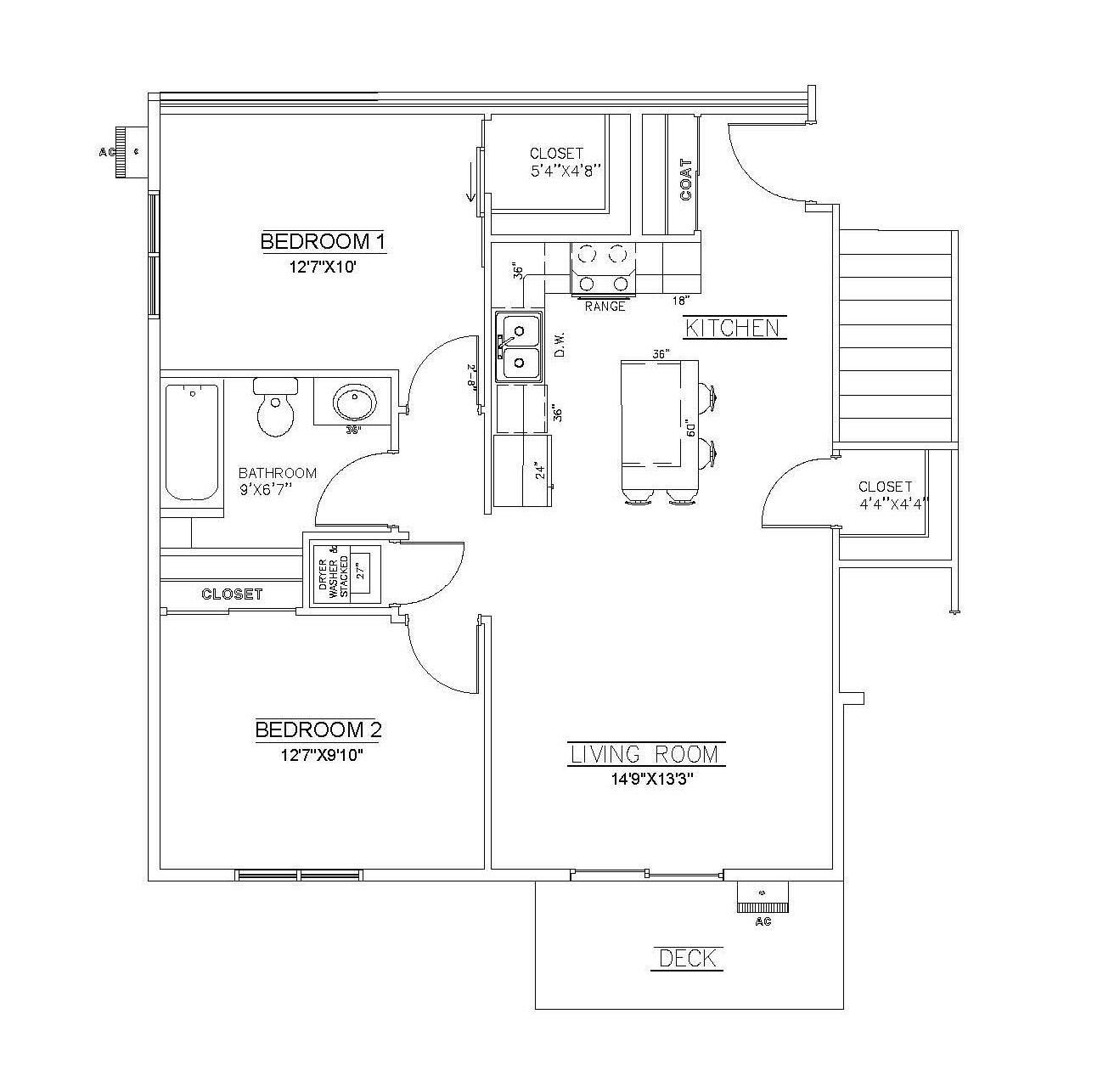 2 bed 1 bath Black-and-white architectural floor plan with labeled rooms, doors, and stairway layout.