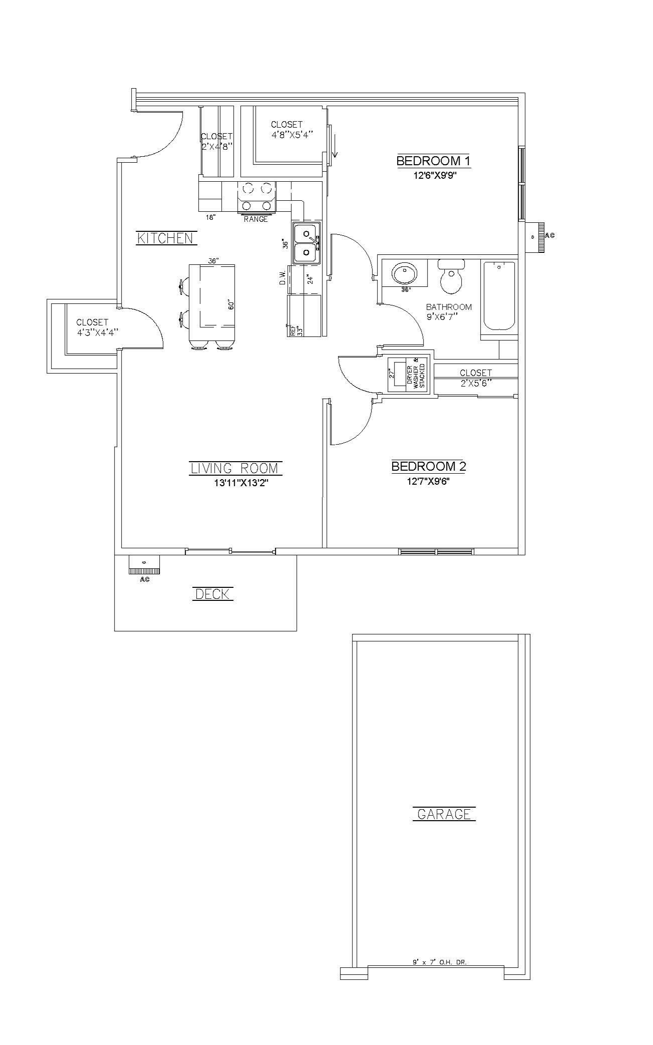 2 bed 1 bath Black-and-white floor plan of an apartment with labeled rooms and measurements.