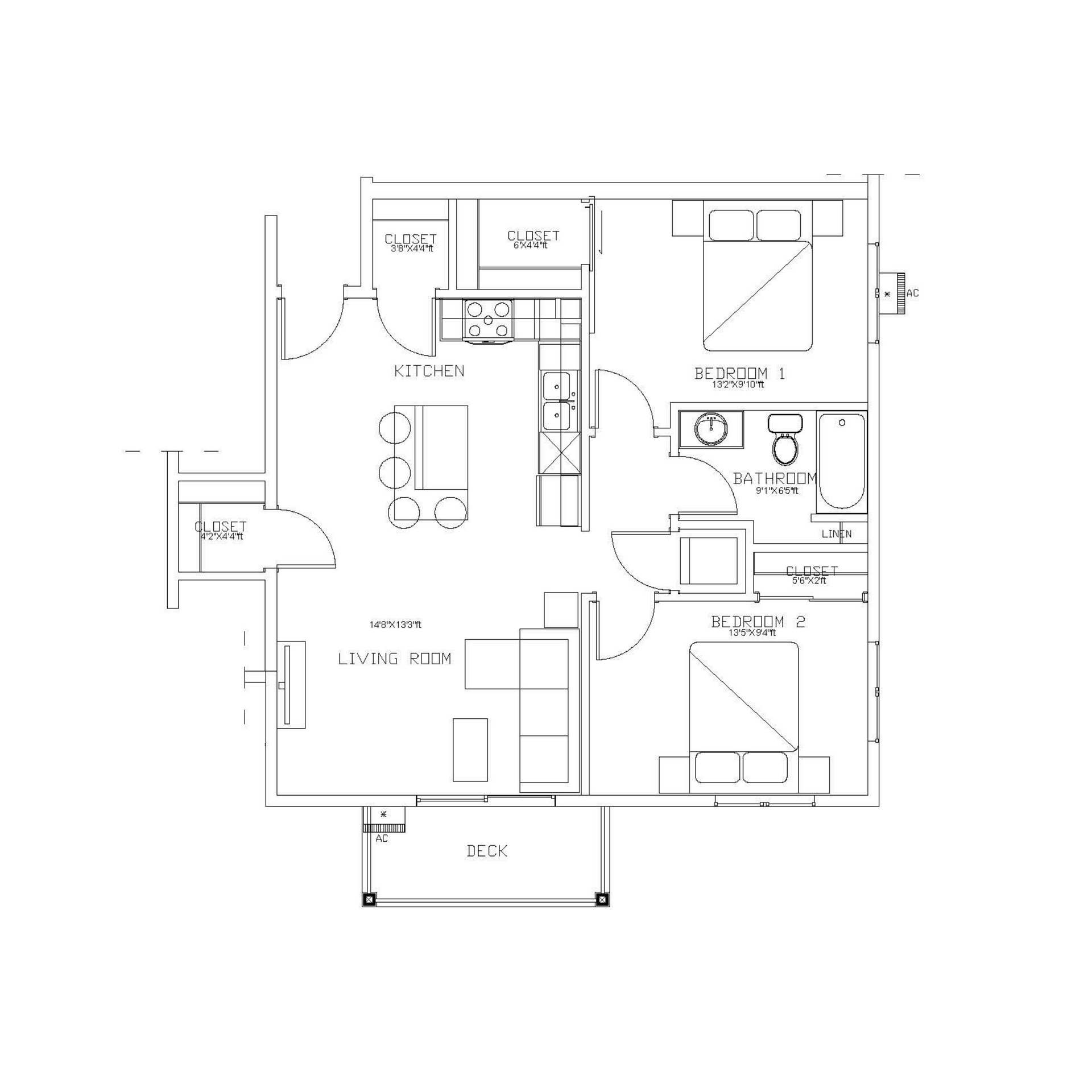 2 bed 1 bath Black-and-white architectural floor plan of a small apartment with labeled rooms and furniture layout