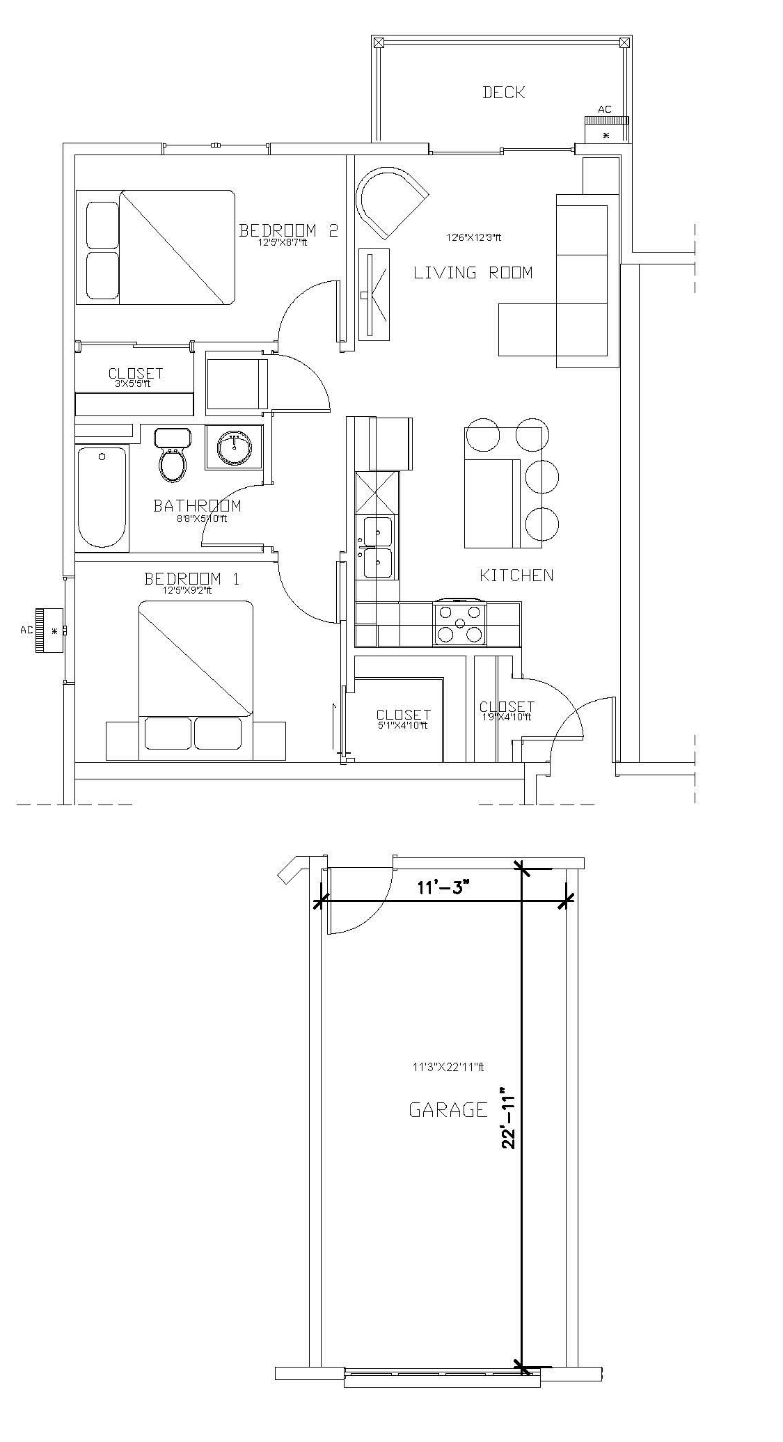 2 bed 1 bath Blurry black-and-white architectural floor plan with room labels and measurements