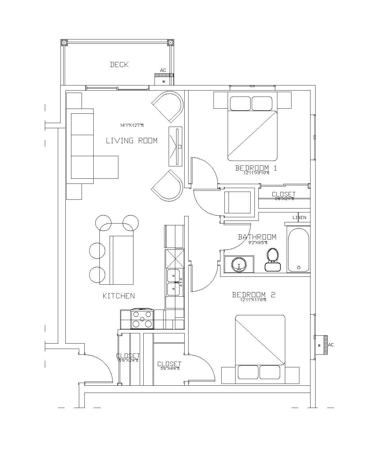 2 bed 1 bath Black-and-white floor plan of a house with labeled rooms, doors, and fixtures