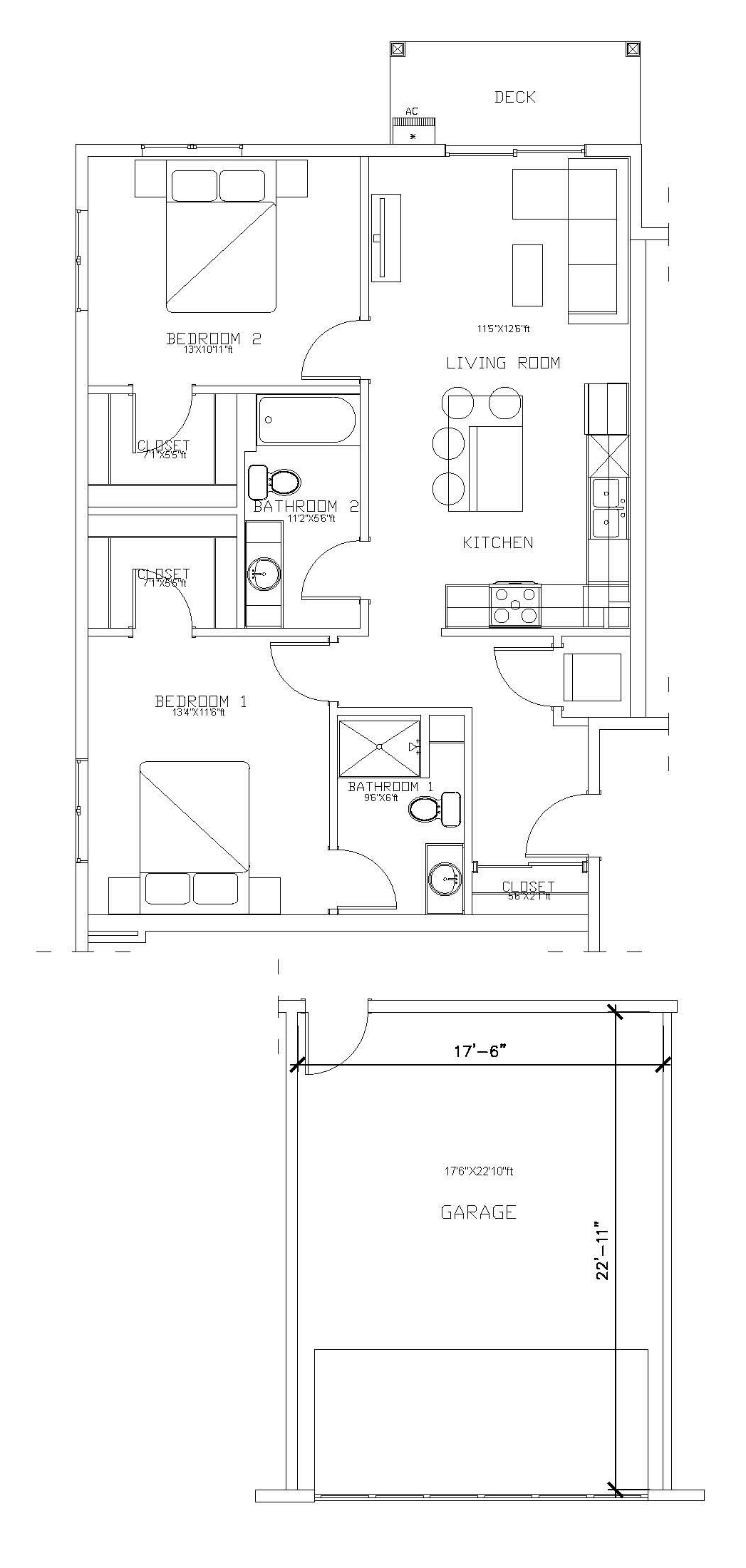 2 bed 1 bath Black-and-white architectural floor plan with room layouts and measurements on a white background