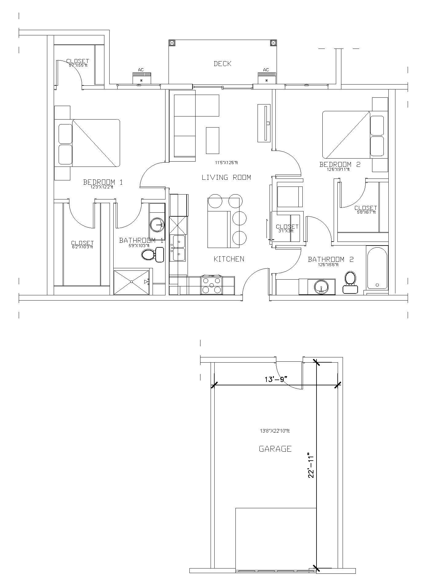 2 bed 1 bath Black-and-white architectural floor plan with room layout and dimensions.
