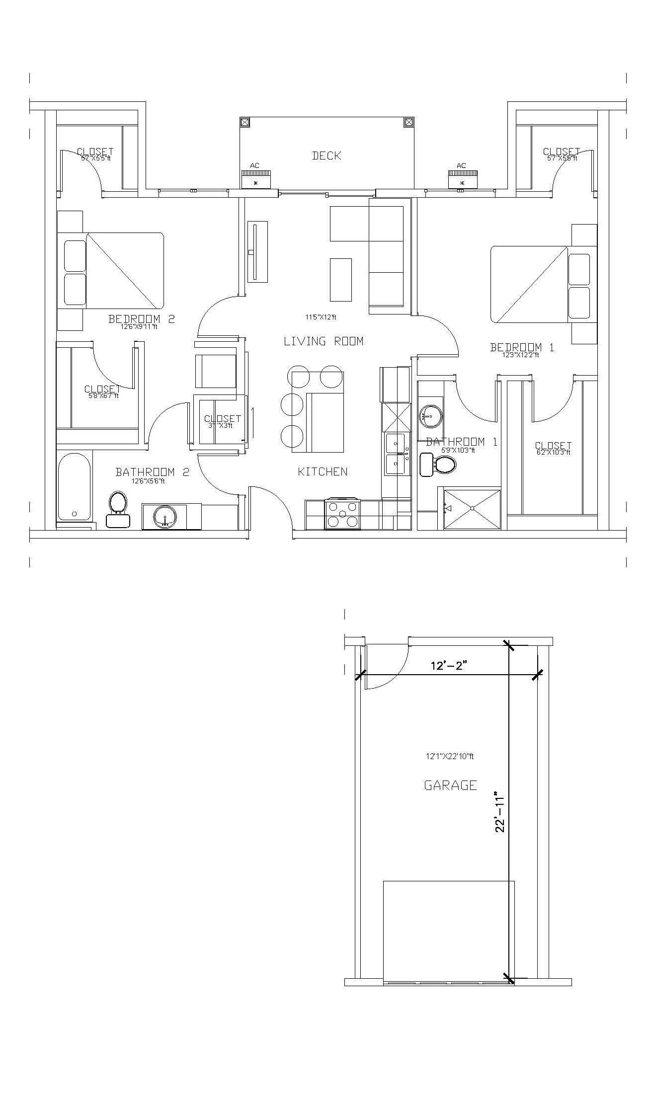 2 bed 1 bath Black-and-white architectural floor plan with multiple rooms and a small inset layout below.