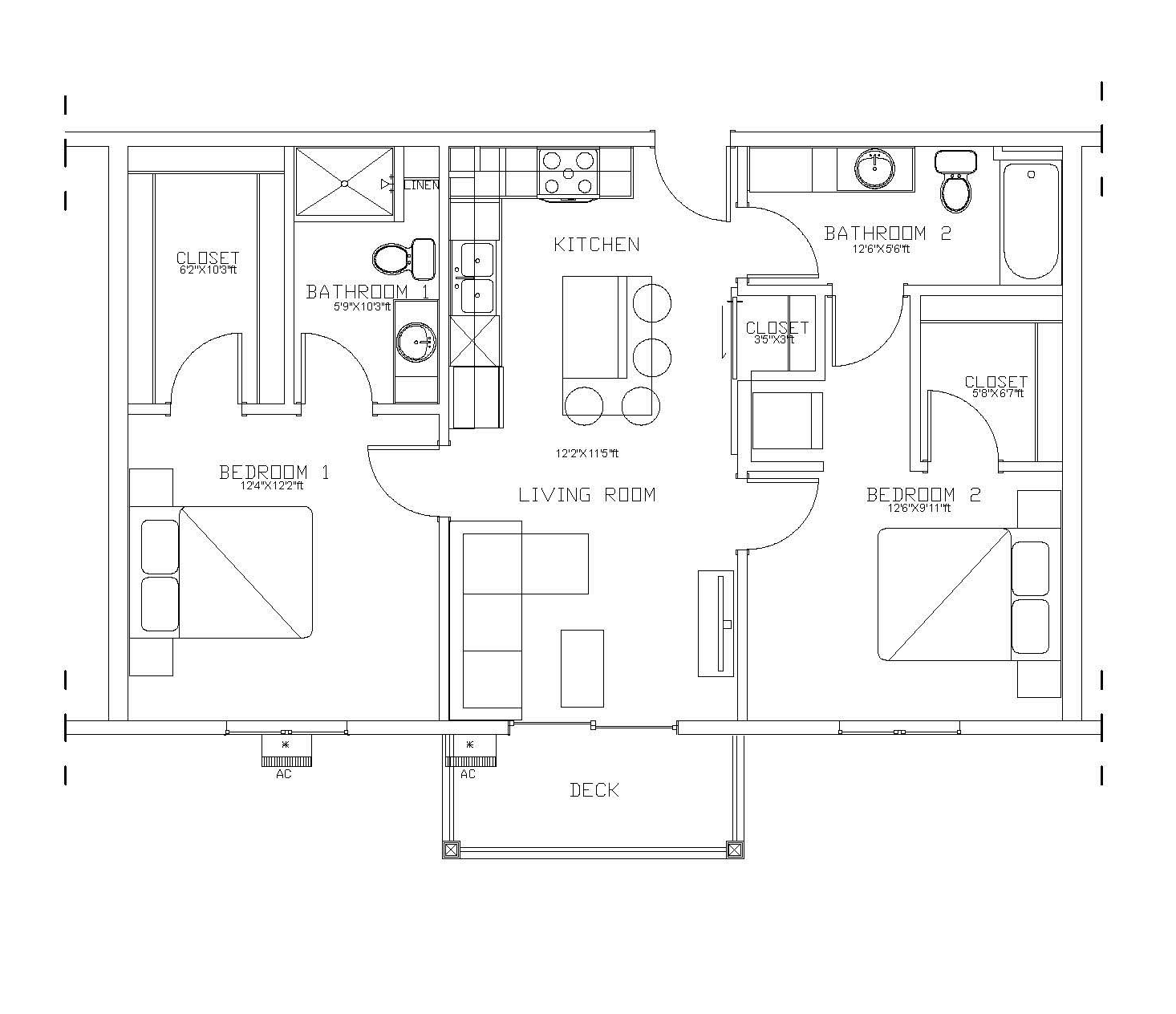 2 bed 1 bath Black-and-white floor plan of a small apartment with labeled rooms and furniture layout.