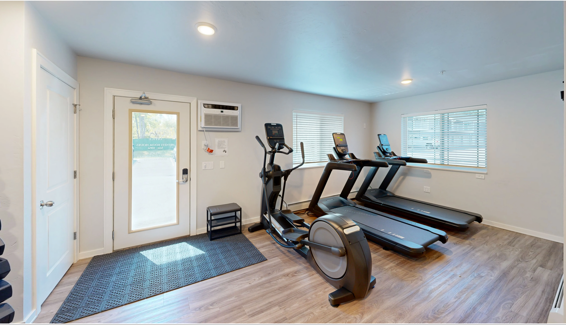 Bright home gym with treadmills, exercise bike, and large window on wood floors