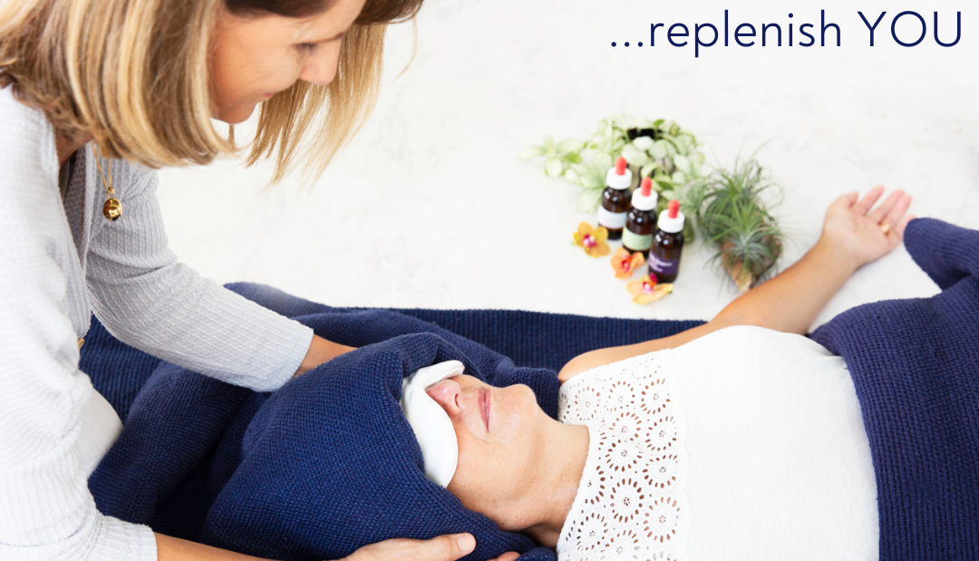 A woman is giving a woman a massage with the words replenish you in the background