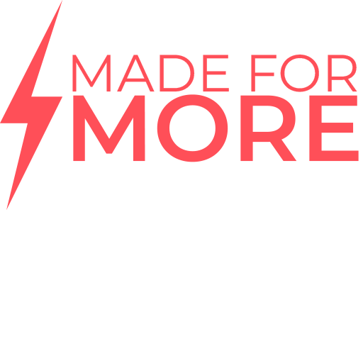 A logo that says made for more with a lightning bolt