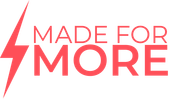 The logo for made for more has a lightning bolt on it.