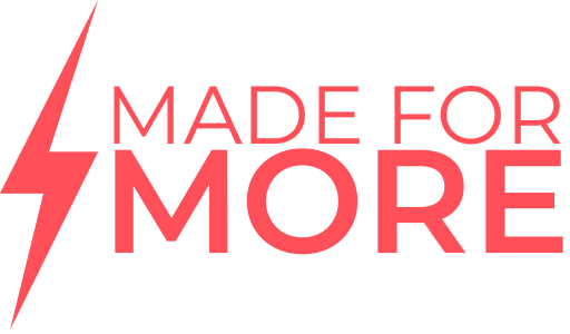 The logo for made for more has a lightning bolt on it.