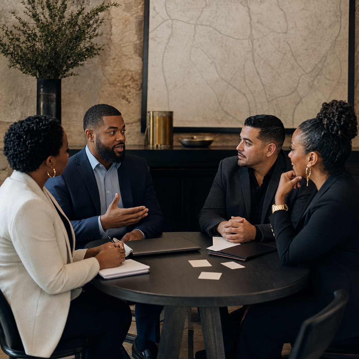Diverse San Antonio professionals meeting for the Black Wall Street Row business feature.