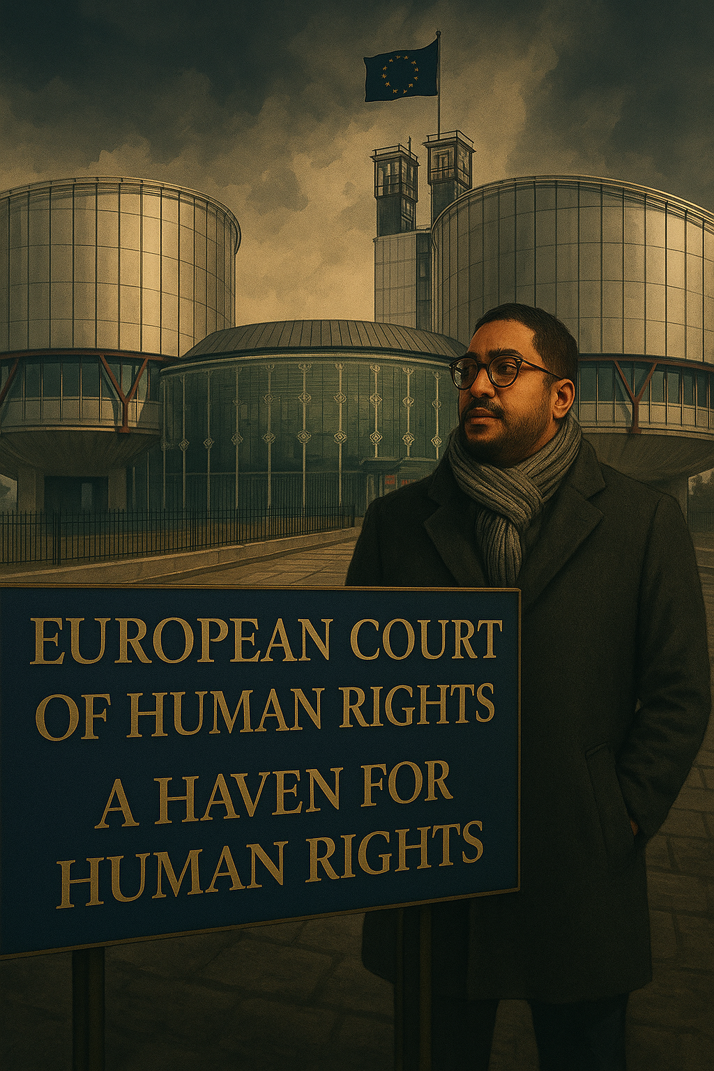 Homem segurando cartaz em frente ao prédio do Tribunal Europeu dos Direitos Humanos. O cartaz diz: 