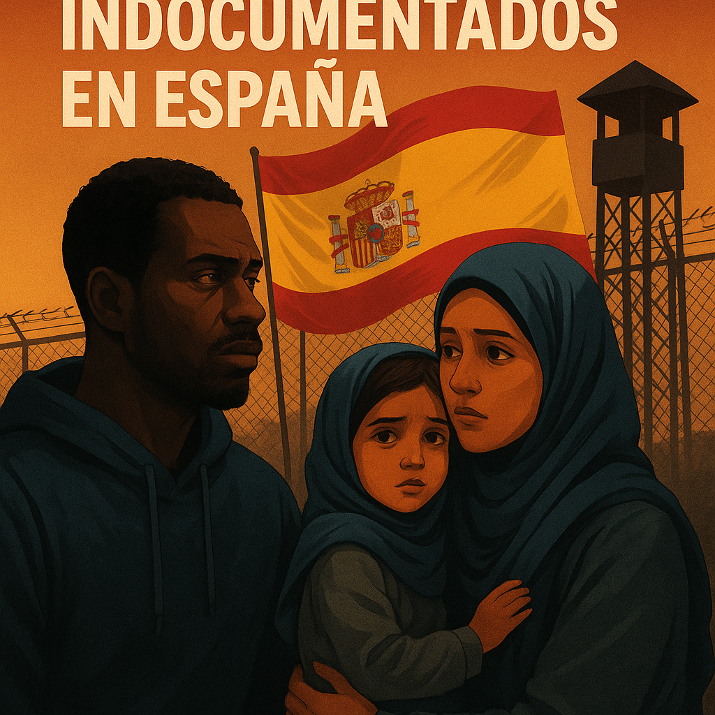Cartaz: Família em pé diante da bandeira espanhola, arame farpado e torre de vigia. O texto diz: “Sem documentos na Espanha”.