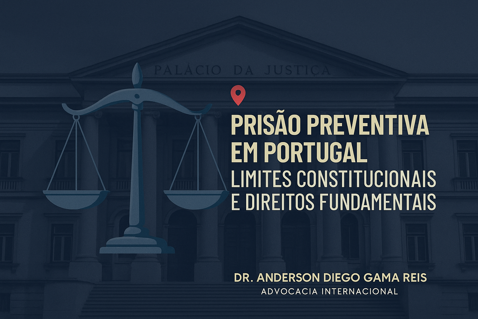 Cartaz sobre prisão preventiva em Portugal, com uma balança da justiça e um tribunal ao fundo.