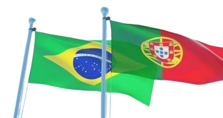 Bandeiras do Brasil e de Portugal tremulando contra um fundo branco.