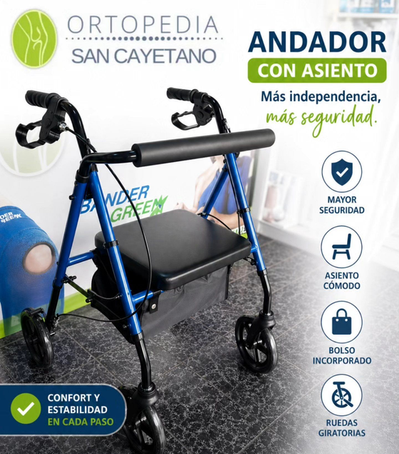 Andador azul con asiento negro y ruedas, anunciado por Ortopedia San Cayetano.