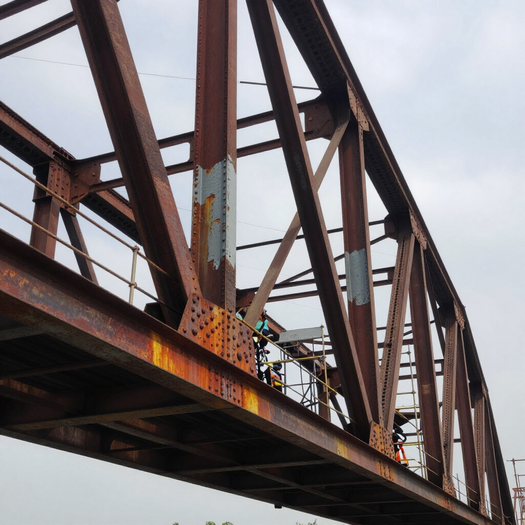 Puente de celosía de acero oxidado visto desde abajo contra un cielo nublado.