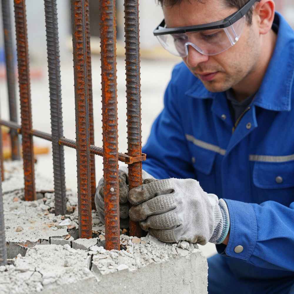 Obrero de la construcción asegurando barras de refuerzo oxidadas en una base de concreto, con mono azul y gafas de seguridad.