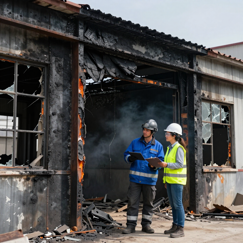 Dos inspectores con cascos examinan el exterior del edificio dañado por el fuego.